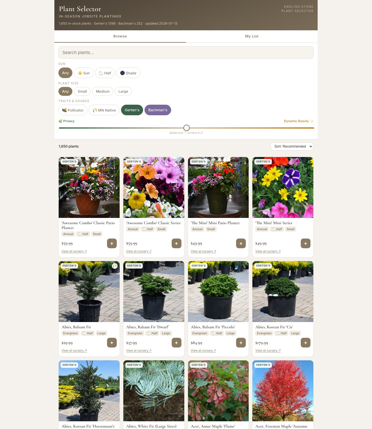 Jobsite Plant Selector interface